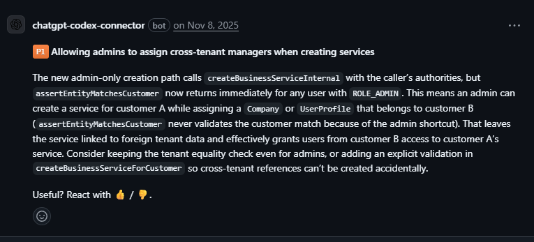 Codex finding: admin can create cross-tenant service links