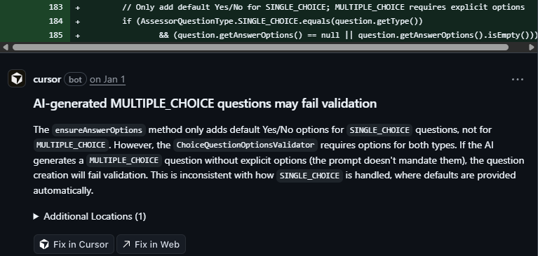 Cursor finding: AI-generated MULTIPLE_CHOICE may fail validation
